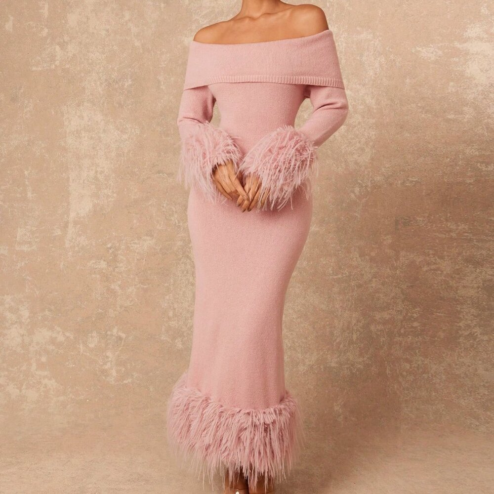 Pink Faux Fur Off Shoulder Bodycon sweater Maxi dress - Picture 7 of 8